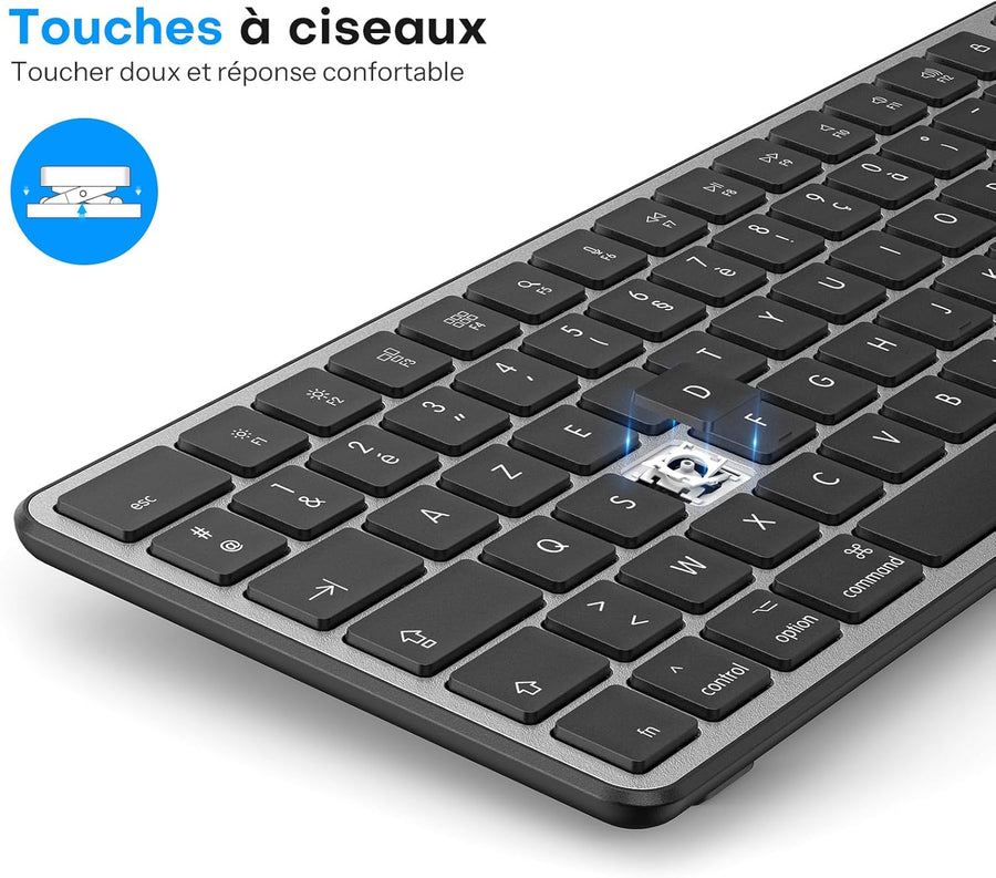 Kit Clavier et Souris Bluetooth pour Mac, Clavier et Souris sans Fil AZERTY Français Rechargeable avec 3 Canaux Bluetooth pour Apple Mac Pro/Mini, MacBook Pro/Air, iMac, iMac Pro, Gris Foncé