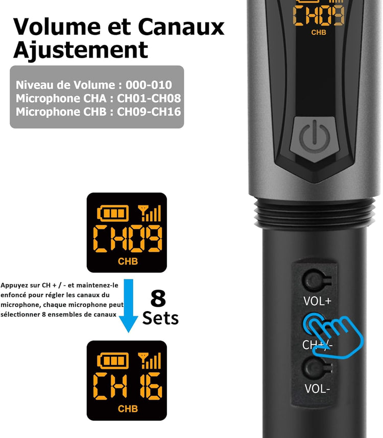 Microphone Sans Fil Rechargeable Système 2.4GHz Dynamique pour Karaoké Portée 30m GRIS
