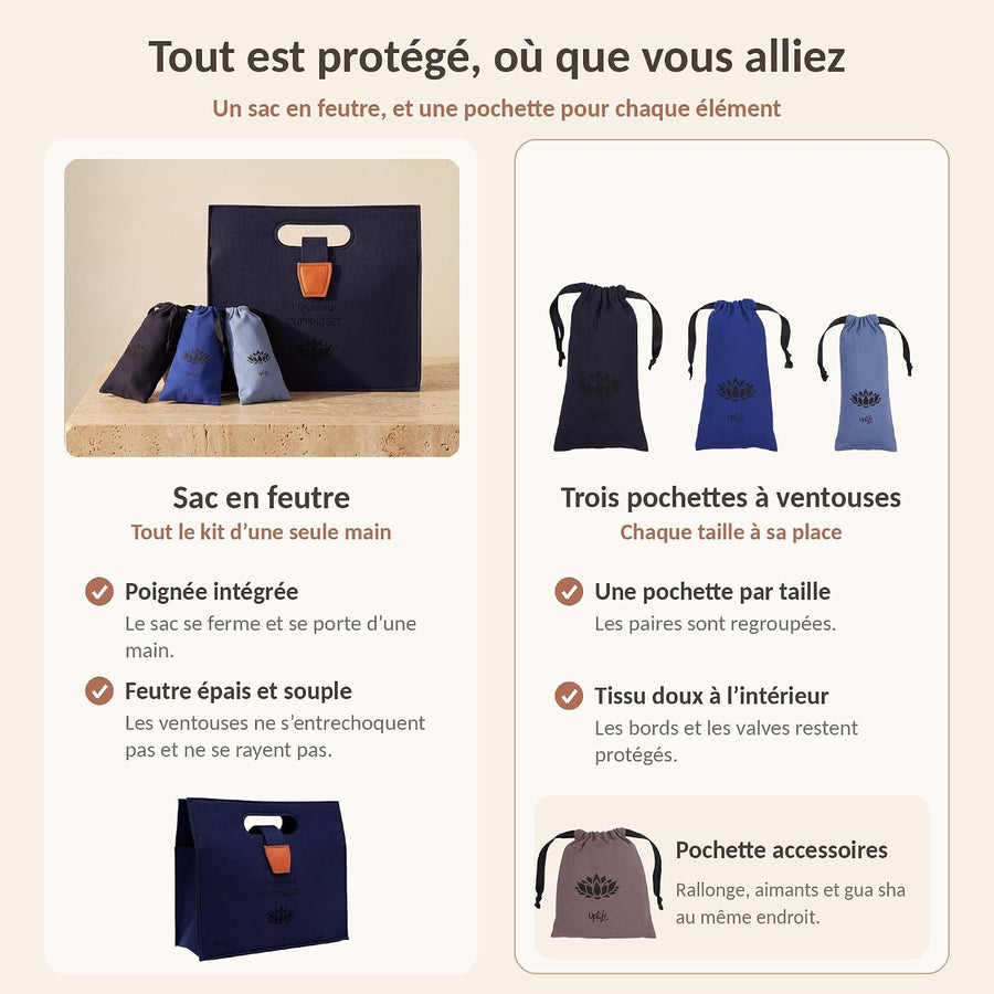 Kit 12 Ventouses Cupping avec Pistolet – Massage Dos et Corps Notice illustrée en français, 5 tailles ø35-69 mm, 6 aimants, tube d'extension et sac de rangement, hijama anti-cellulite