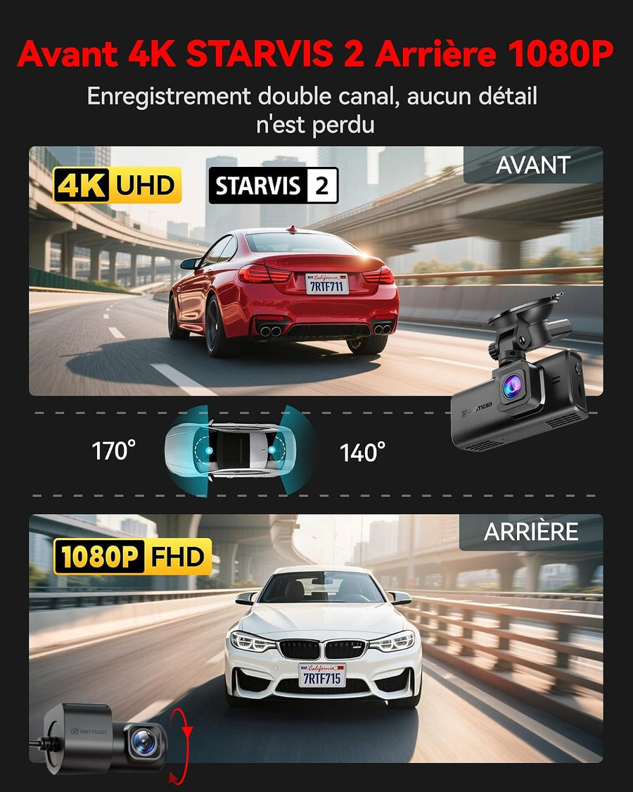 REDTIGER 4K STARVIS 2 Dashcam avant arrière, WiFi 5 GHz 20 Mo/s, commande Écran tactile, GPS, enregistrement en boucle, mode stationnement, enregistrement audio, vision nocturne WDR