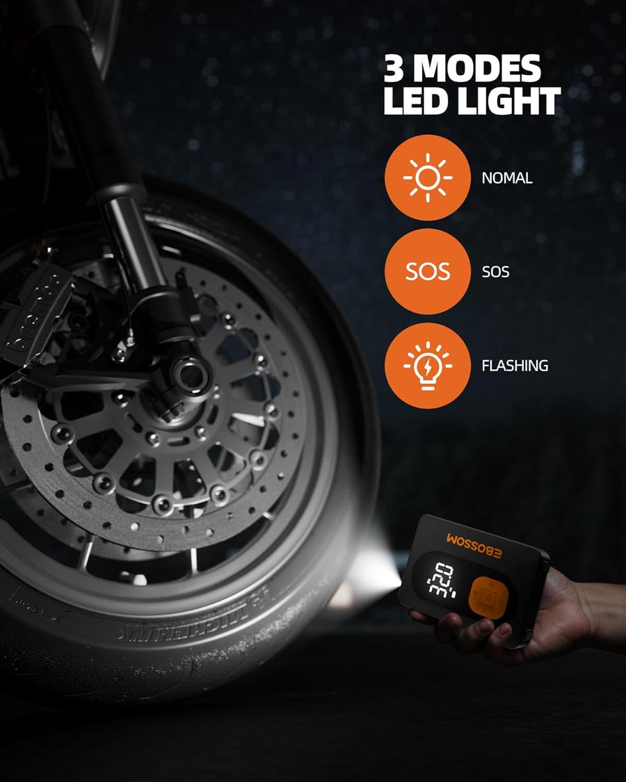 Gonfleur pneus Voiture, Compresseur à Air Portatif , Mini Compresseur Voiture Portable Electrique pompe a velo, Inflator Affichage Numérique et Lumière LED Vélos Motos Ballons Flexible de 15 cm