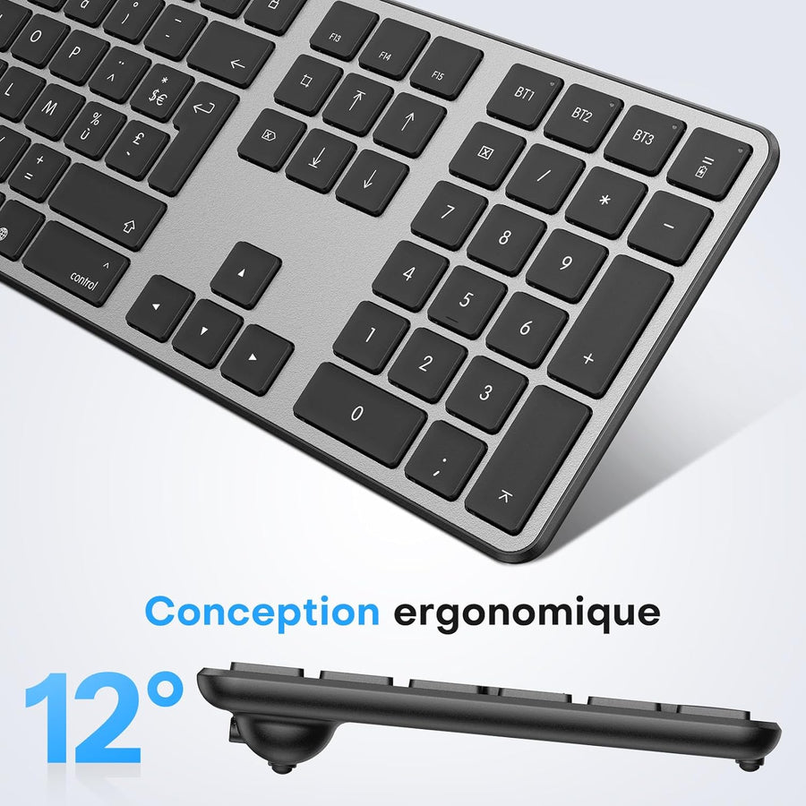 Kit Clavier et Souris Bluetooth pour Mac, Clavier et Souris sans Fil AZERTY Français Rechargeable avec 3 Canaux Bluetooth pour Apple Mac Pro/Mini, MacBook Pro/Air, iMac, iMac Pro, Gris Foncé