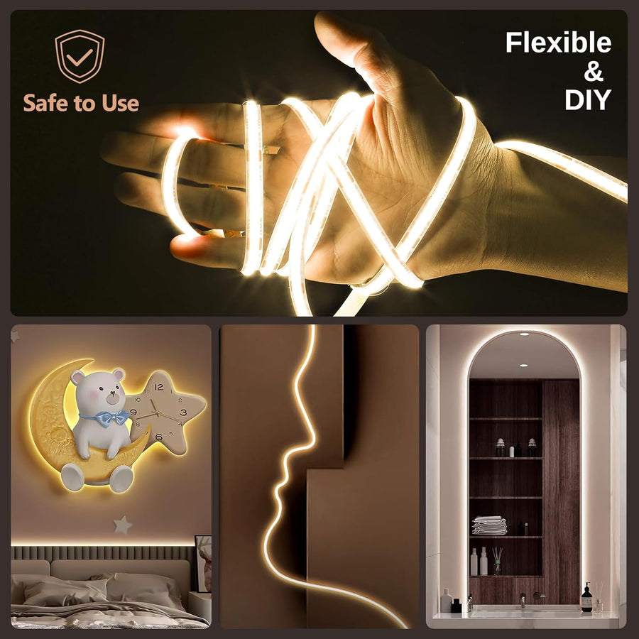 Ruban LED COB 10M, App Control, Bande LED Blanc Chaud Froid 2700K-6500K avec Telecommande et Alimentation, Bande LED 24V Dimmable, 620LEDs/M, CRI>92, Largeur 8mm