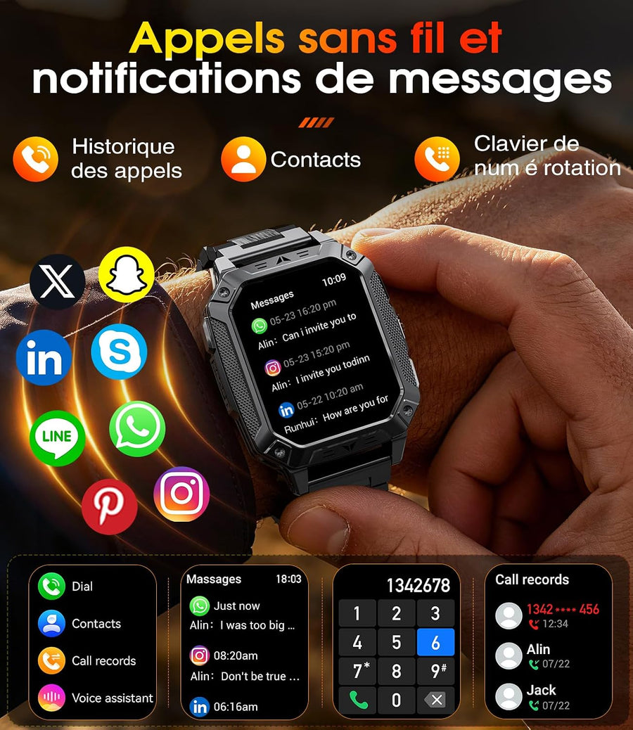 Montre Connectée Homme, 2.01'' Smartwatch avec LED Lampe, 100+ Modes Sportifs, Étanchéité IP68, Appels Bluetooth Smartwatch Militaire, Surveillance Cardiaque 24H,Sommeil, SpO2, Android/iOS