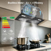 Hotte Aspirante Encastrable 52cm, A++,Commande Gestuelle,450m³/h Commande gestuelle, Tactile+Boost, Arrêt différé 5 min, A++, Moteur sans balais 55W,Filtres charbon incl., LED,Tuyau alu 2m