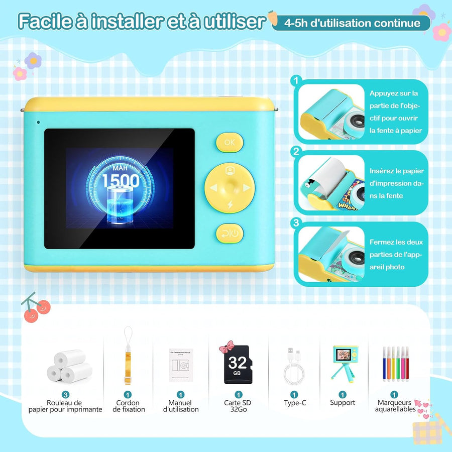 Appareil Photo Instantané Enfant - Caméra Écran IPS 2,4" - Modes Selfie & Vidéo - 32 Go + 3 Rouleaux Papier Photo BLEU