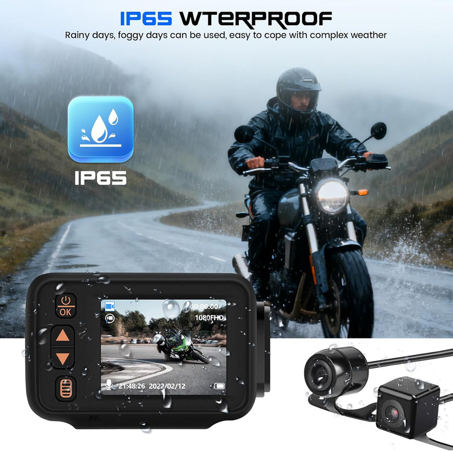 Dashcam Moto 1080P avec Caméra Avant + Arrière, 2 Pouces IPS HD Écran Voiture Dash Cam Moto avec IP65, Détection de Mouvement, Surveillance Parking pour Universel Motos