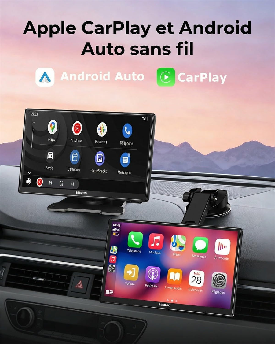Écran CarPlay Voiture 9 Pouces  sans Fil avec Caméra de Recul HD Android Auto Apple CarPlay,Portable Autoradio,Écran Tactile IPS,Mirror Link,Bluetooth 5.3,Commande Vocale,Navigation GPS,AUX