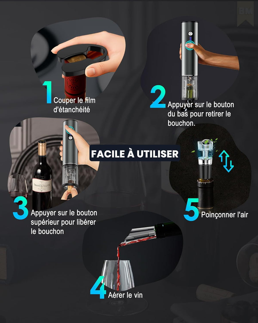 Tire bouchon electrique rechargeable inox, ouvre bouteille electrique idee cadeau anniversaire homme femme avec bec verseur aérateur, 2 bouchon vin vide air, coupe-fil et câble chargement USB