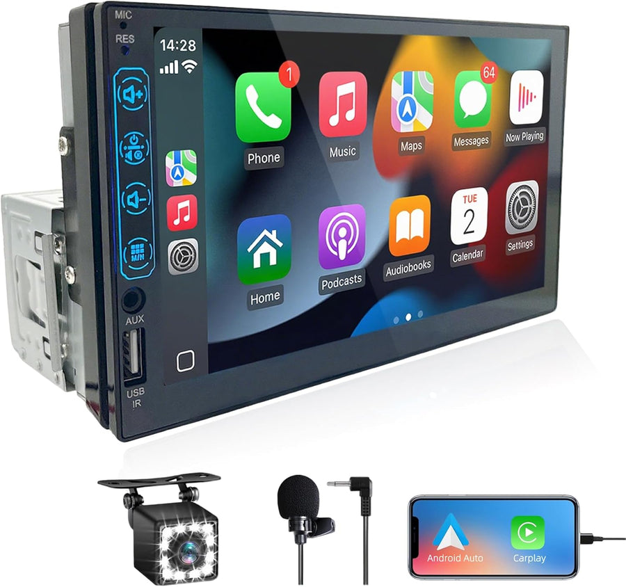 Autoradio 1 DIN avec Carplay et Android Auto - Écran Tactile HD 7 Pouces - Autoradio Bluetooth CarPlay 1 din Soutien MirrorLink iOS/Android et Caméra de Recul, Radio FM/USB/EQ/Mic