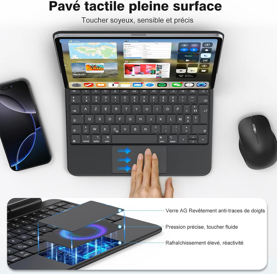 Clavier pour iPad Air 11 (M3/M2, 2025/2024)/Air 5/4 AZERTY ISO-FR, Magic Keyboard pour iPad Pro 11" (4/3/2/1 Gen) avec Pavé Tactile Pleine Surface, Rétroéclairé Réglable