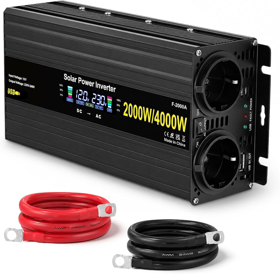 Pro 2000W/4000W 12V 220V/230V Convertisseur Pur Sinus de Tension Volts Voiture Solaire Power Inverter sinusoïdale DC AC, Onduleur Transformateur (Rouge, 2000, Watts)