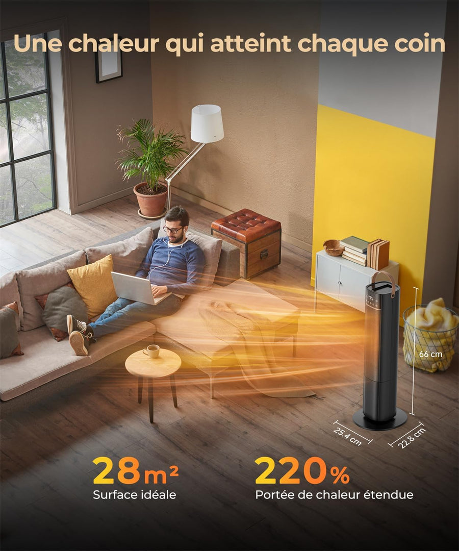 Chauffage d'Appoint, 2000W PTC Chauffage Electrique, Oscillant à 75°, 3 Modes, Minuterie 24H, Télécommande, Protection contre Basculement/Surchauffe, Radiateur Soufflant