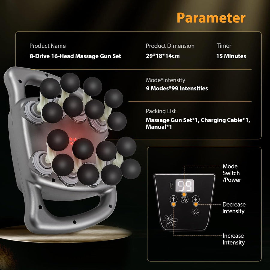Pistolet de massage à 16 têtes, 100 niveaux et 9 modes Massage Gun Deep Tissue, avec lumière rouge pour soulager, batterie 2000 mAh, appareil de massage dorsal 30 kg de poussée