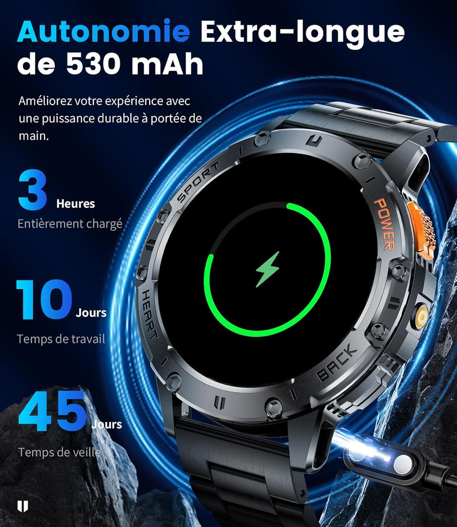 Montre Connectée Homme avec Appels Bluetooth/530 mAh, 1,43" HD AMOLED Smartwatch Homme avec 120+ Modes Sportifs/Moniteur de Fréquence Cardiaque/Sommeil/SpO2, IP68 Étanche Podomètre Android iOS