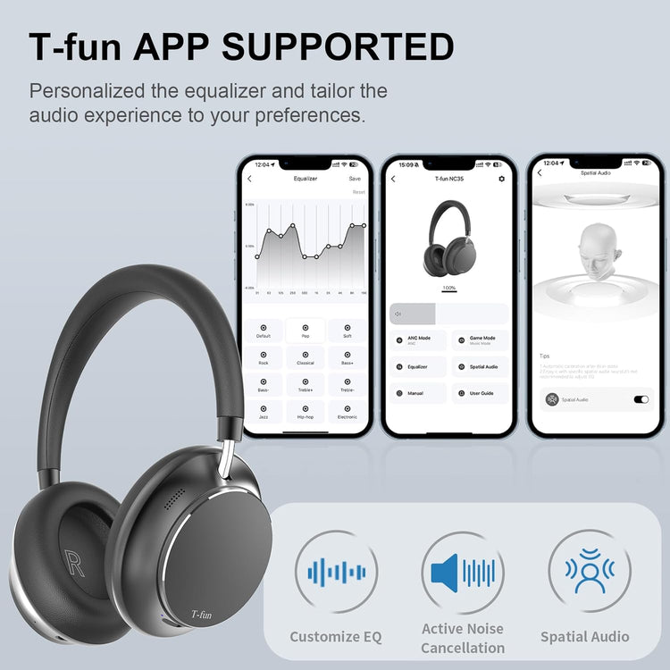 Casque Sans Fil Réduction du Bruit Hybride Audio Spatial Mode Transparence Bluetooth 5.3 Egaliseur Personnalisé Via Application Autonomie 55h NOIR