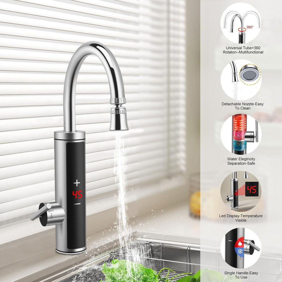 Robinet Électrique avec Chauffe-eau Instantané, 3600W Robinet Chauffant en Acier Inoxydable, Сhauffe-Eau de Cuisine Avec Col Flexible et Affichage de la Température, pour Cuisine, Salle de Bain