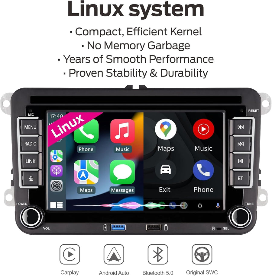 Autoradio Linux pour VW Golf 5 6/Polo,Radio VW avec CarPlay & Android Auto sans Fil Intégrés,Écran 7" pour VW Compatible Commandes au Volant d'origine,AM/FM/RDS,Bluetooth,DSP