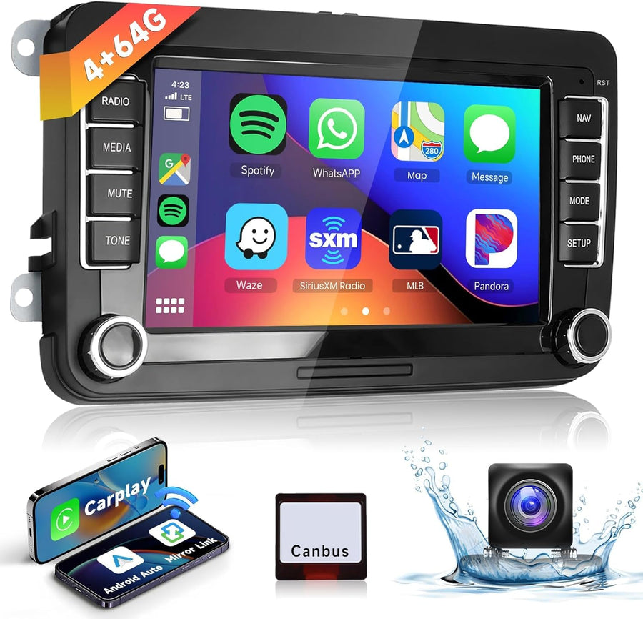 Autoradio 7" Bluetooth pour VW Golf 5 6 Polo Passat Skoda Touran Seat Carplay sans Fil Android Auto, WiFi GPS Navi HiFi RDS/Radio FM 2 DIN avec caméra de recul AHD/DVR/Canbus