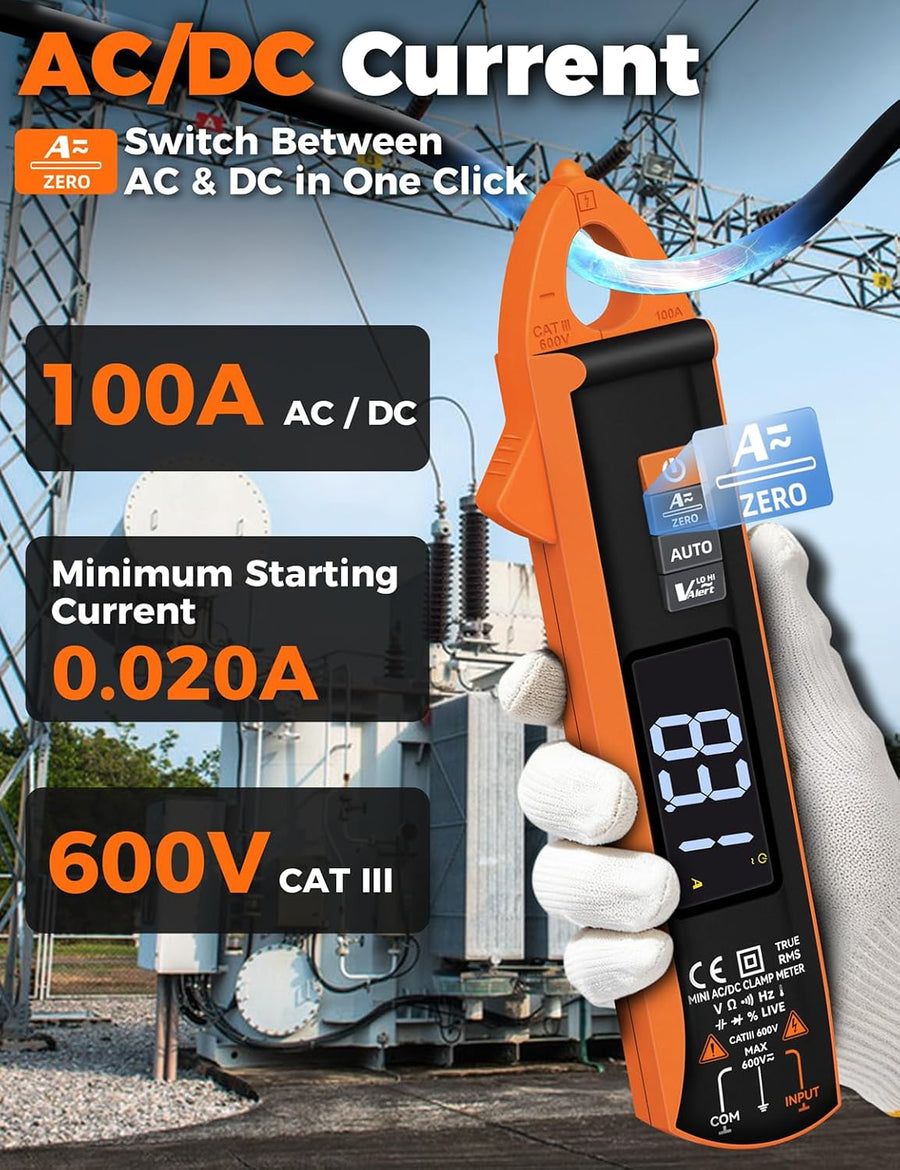 Pince multimètre , multimètre AC/DC 1mA/mV haute précision 6000 points, plage 100A/600V, détection NCV, résistance, capacité (nF/µF/mF), continuité et mode auto