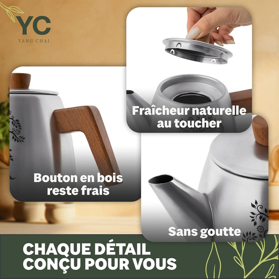 Théière en Acier Inoxydable 1,3L avec Infuseur – Théière Design avec Réchaud Chauffe-Thé et Poignée en Bois – Accessoire Elégant pour Infusion, Tisane et préparation de Thé en Vrac