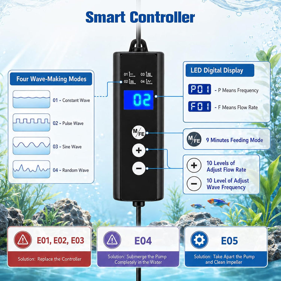 Mini Pompe à Vagues 8000L/H, 10W Pompe de Brassage pour Aquarium Wavemaker avec 4 Modes et 10 Niveaux Réglables, Orientable à 360°, pour Aquarium 70-350L Eau Douce et Salée