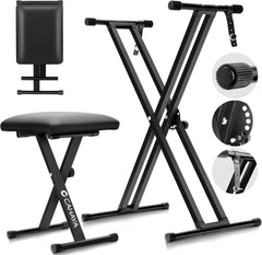 Support de clavier et banc de clavier - 6 niveaux réglables en hauteur - Double X-Frame - Pour clavier de 61, 76 et 88 touches - Charge maximale : 168 kg