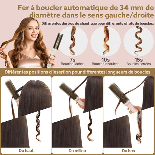 Fer à Boucler Boucleur Cheveux Automatique Ion Négatif Température Réglable 180°- 230°C BLANC