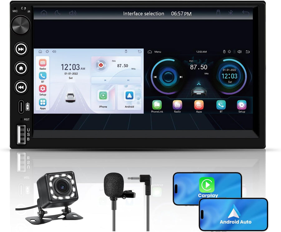 Autoradio 2DIN Bluetooth avec CarPlay & Android Auto, 7 Pouces Écran Tactile HD, Bouton Rotatif, USB/FM/Microphone, Miroir Link, Caméra de Recul Universel Voiture, Commande au Volant