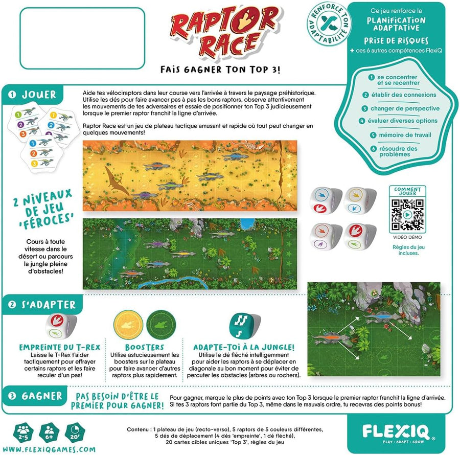 Asmodee - Raptor Race - FlexiQ - Jeux de société - Jeu de Course Tactique - Jeu Enfant 6 Ans - 2 à 5 Joueurs - 20 Min - Figurines Dinosaures - Plateau Double-Face - Version française