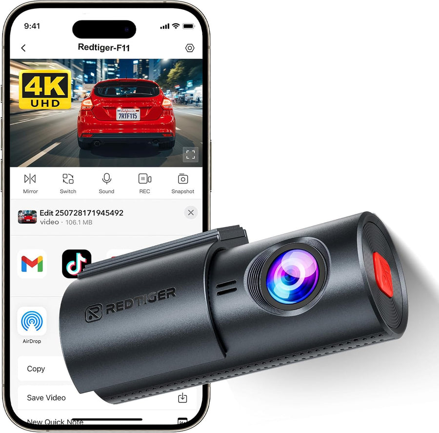REDTIGER F11 Dashcam Voiture 4K, WiFi & Contrôle via App, Vision Nocturne, WDR, Mini Caméra Embarquée Discrète, Enregistrement en Boucle & Mode Stationnement 24H, Plug & Play, Sans Carte SD, Max 256Go