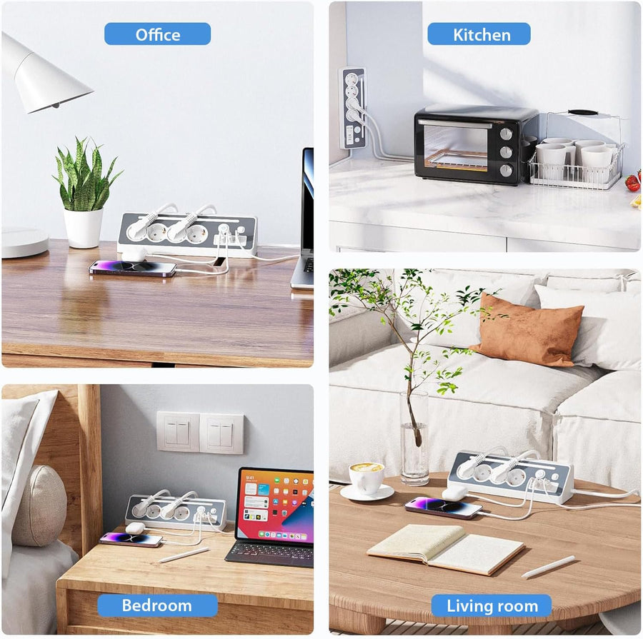 Multiprise 7 en 1 avec station de charge rapide, 4 ports CA, 2 ports USB-C, affichage LED et double interrupteur