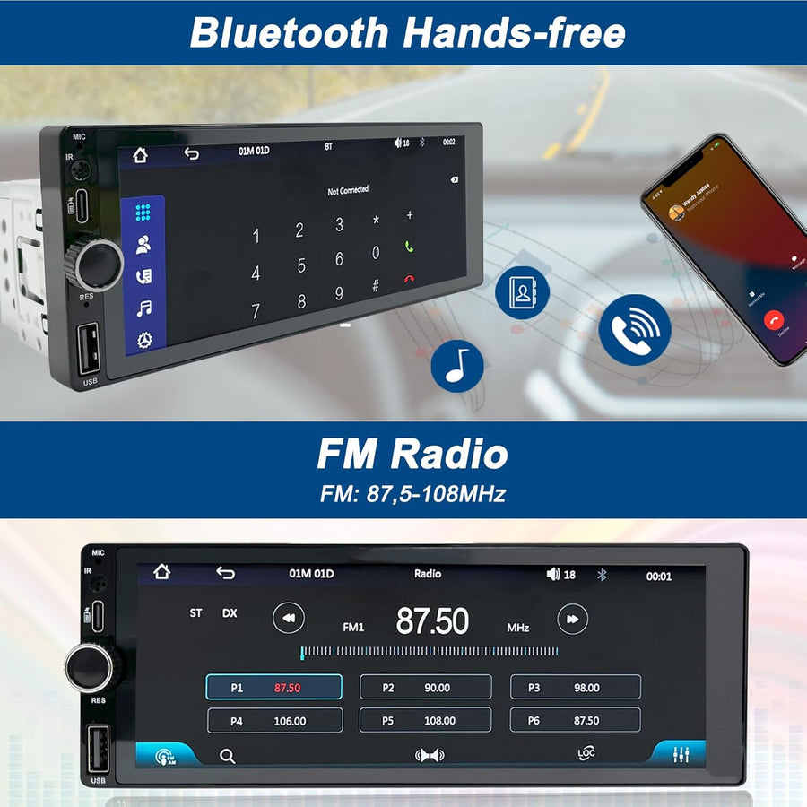 Autoradio CarPlay 1 DIN - 6.86 Pouces HD Ecran Tactile Radio Car Play sans Fil Soutien PhoneLink iOS/Android avec Caméra de Recul, RDS Radio FM/Type-C de Recharge/Mic/EQ/SWC