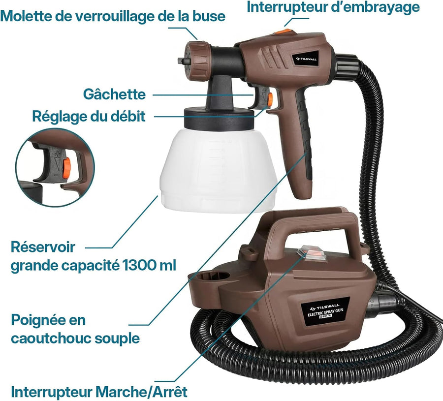 Pistolet à Peinture, 800W 1300ML Pistolet Peinture avec Récipient Amovible, 3 Buses et 3 Modes, Facile à Pulvériser et Nettoyer, Idéal pour Maison, Clôtures, Plafonds