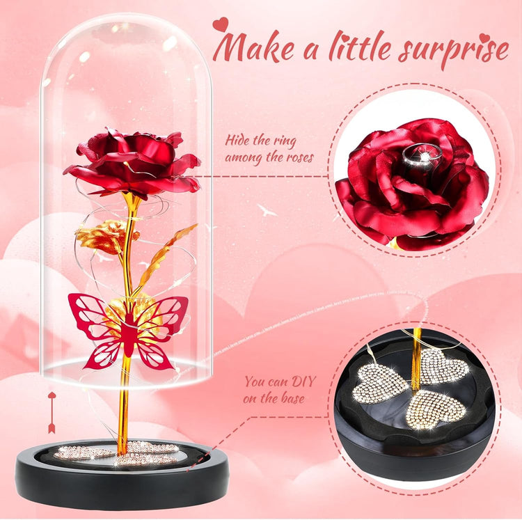 Rose Éternelle Papillon et Diamant Cadeau Saint Valentin Cloche en Verre LED Lumineuse