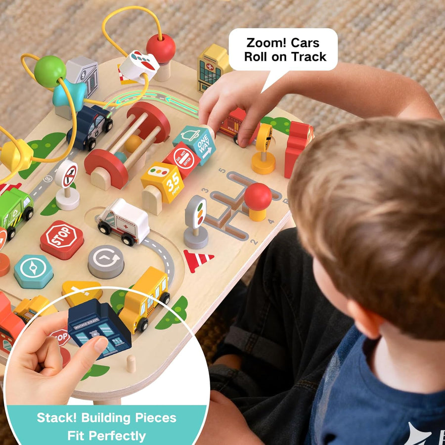 Table d’activités pour bébé de 1 an, table sensorielle en bois avec labyrinthe de perles, formes à trier et circuit de train, jouet Montessori ferme, jouet éducatif