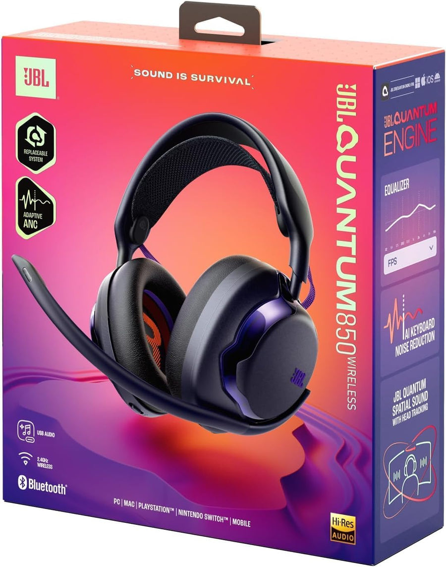 JBL Quantum 850, Casque Gaming sans Fil à Réduction de Bruit, Noir Réduction de Bruit Adaptative, Son Spatial avec Suivi de Tête, Double Sans Fil, Micro Amovible, QuantumENGINE