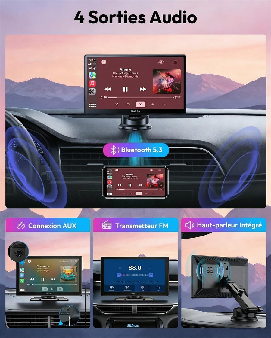 Écran CarPlay Voiture 9 Pouces  sans Fil avec Caméra de Recul HD Android Auto Apple CarPlay,Portable Autoradio,Écran Tactile IPS,Mirror Link,Bluetooth 5.3,Commande Vocale,Navigation GPS,AUX