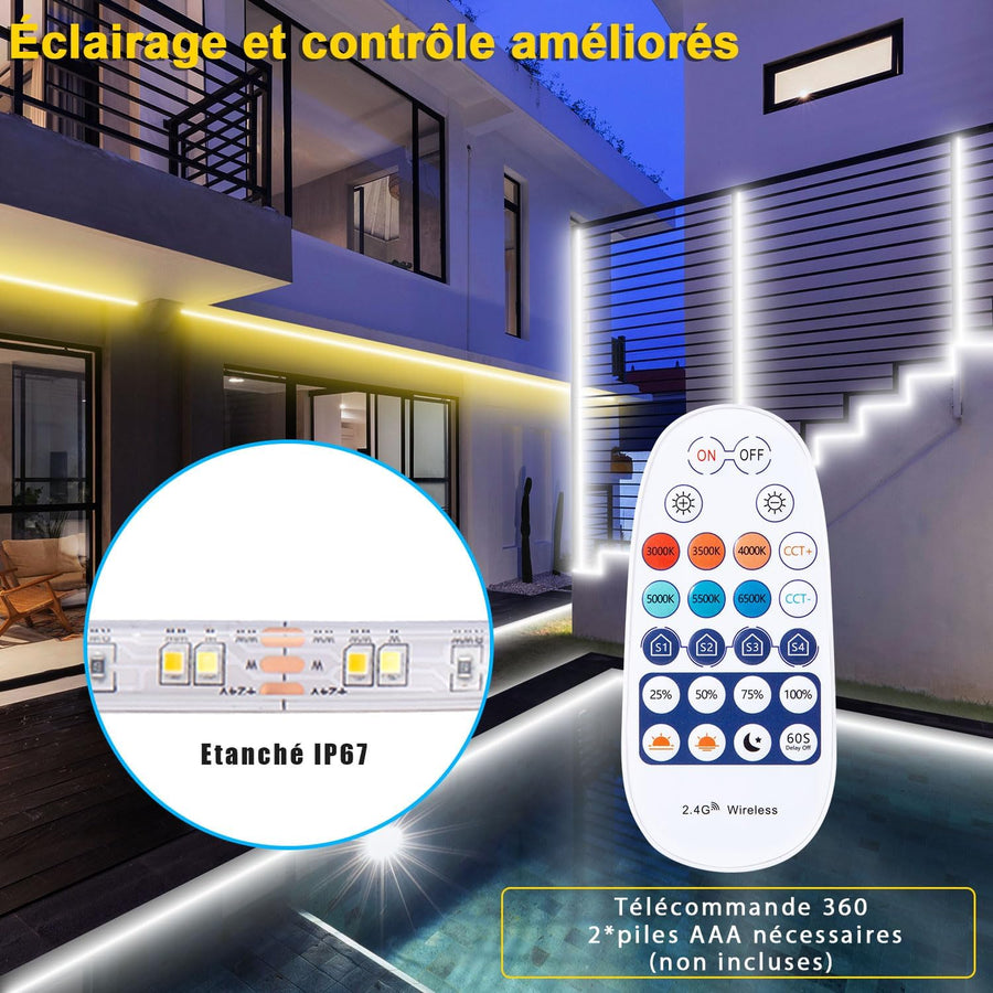 Ruban LED 8m Exterieur IP67 Blanc Chaud à Blanc Froid Variable, Bande LED Compatible Alexa App & Eelecommande 24V, Etanche Bandeau LED Adhésif pour Eclairage Exterieur