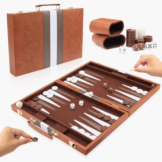 Ensemble Backgammon Jeu de Société Classique Etui en Cuir Qualité Supérieure Jeu Portable pour Voyage