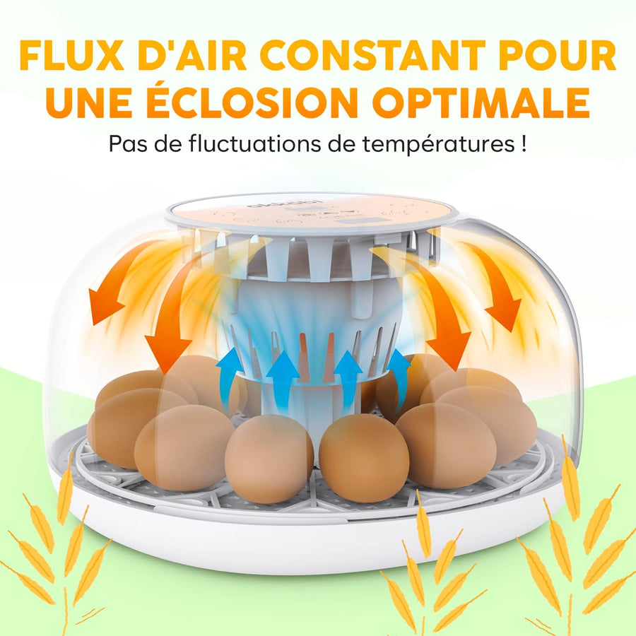 M12 Couveuse Oeuf Automatique - Contrôle Humidité, Réglage Température, Couveuse Automatique 12/24 œufs - Incubateur Auto - Vue 360°, facile à utiliser et nettoyer - Blanc et Orange