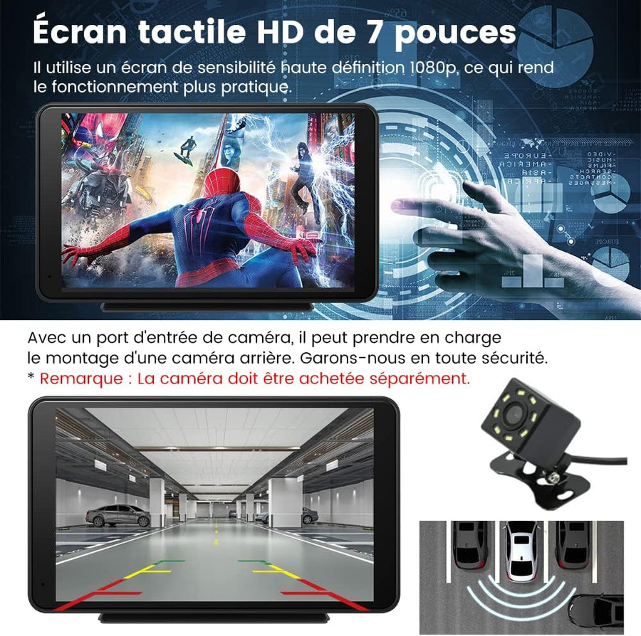 Autoradio 7" Écran Tactile HD avec CarPlay sans Fil, Android Auto, AirPlay, PhoneLink – Compatible iOS et Android