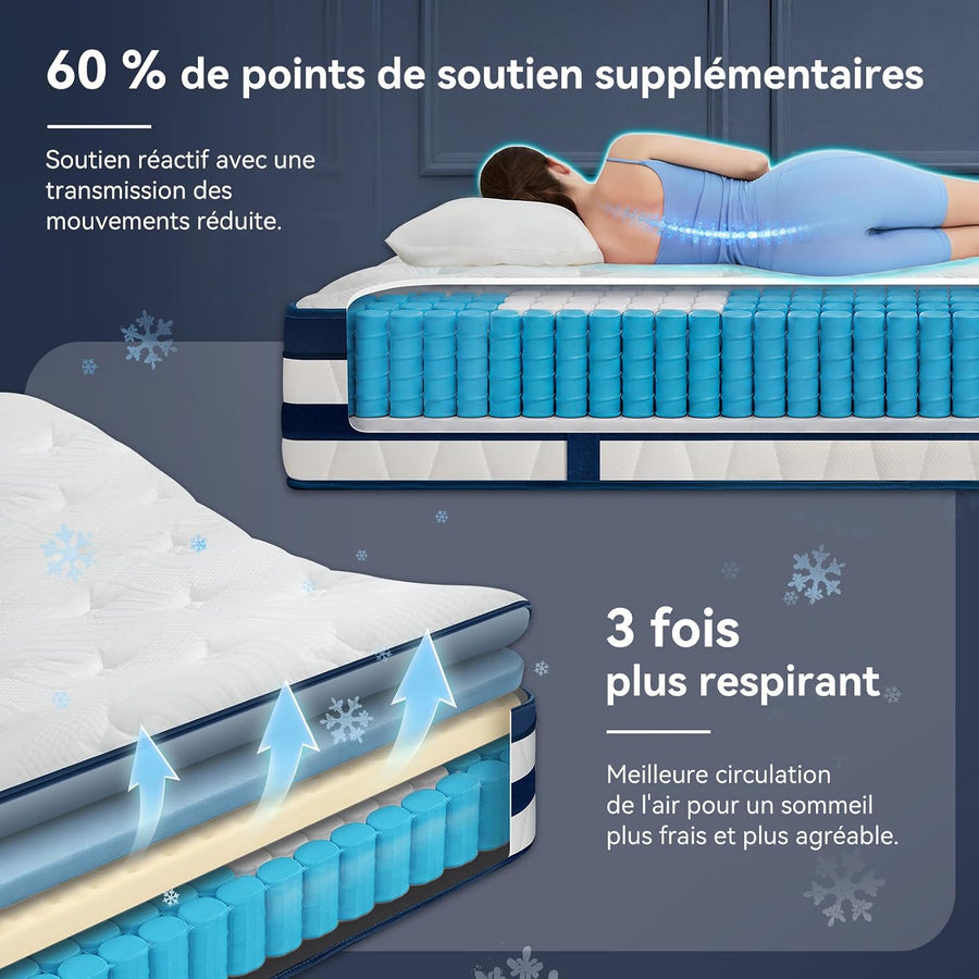 Matelas 120x200, 26 cm Hybride à Ressorts Ensachés et Mémoire de Forme Soutien Mi-Ferme, Confort Rafraîchissant, Isolation des Mouvements, Tissu 3D Respirant, Bords Renforcés, Matelas en Boîte