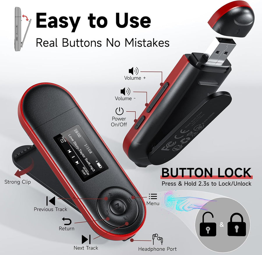 Lecteur MP3 64 Go Bluetooth 5.3, verrouillage des touches, clip, 28 g Clip sport, connexion USB directe, jusqu’à 20 h d’autonomie, radio FM, enregistrement vocal et lecture par dossier.