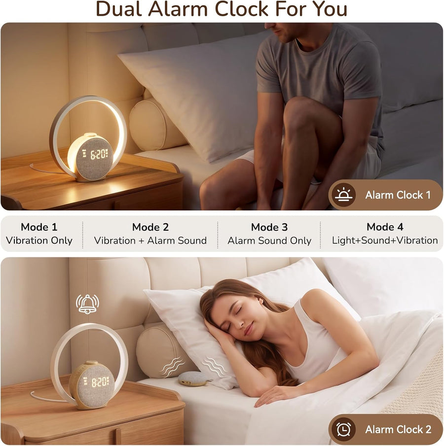 Réveil Lumineux Simulateur d'Aube, Vibration sans Fil et Commande à Distance pour Gros Dormeurs, Double Alarme, Lampe de Chevet avec Horloge Numérique pour Sourds