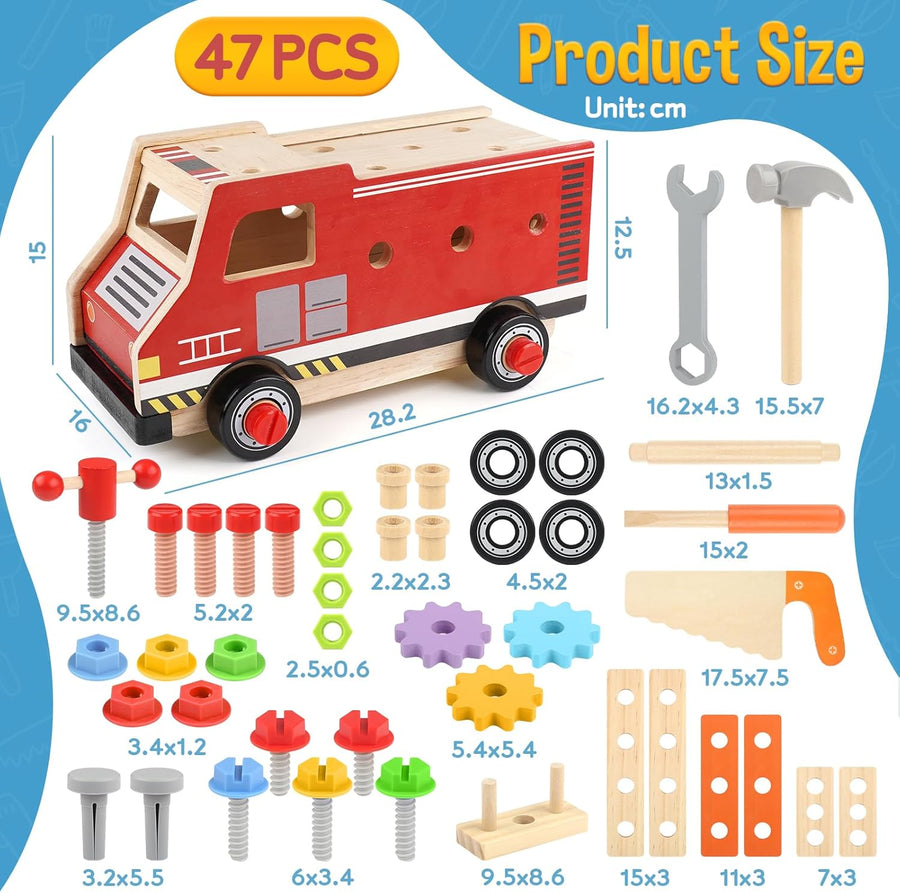 Jouet en Bois, Boite a Outils, Camion de Pompier Voiture Enfant, Montessori Jeux, 47 Pièces