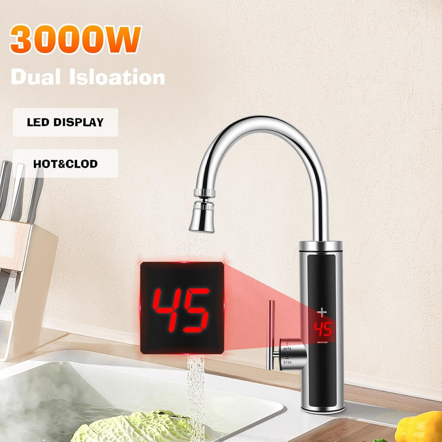 Robinet Électrique avec Chauffe-eau Instantané, 3600W Robinet Chauffant en Acier Inoxydable, Сhauffe-Eau de Cuisine Avec Col Flexible et Affichage de la Température, pour Cuisine, Salle de Bain