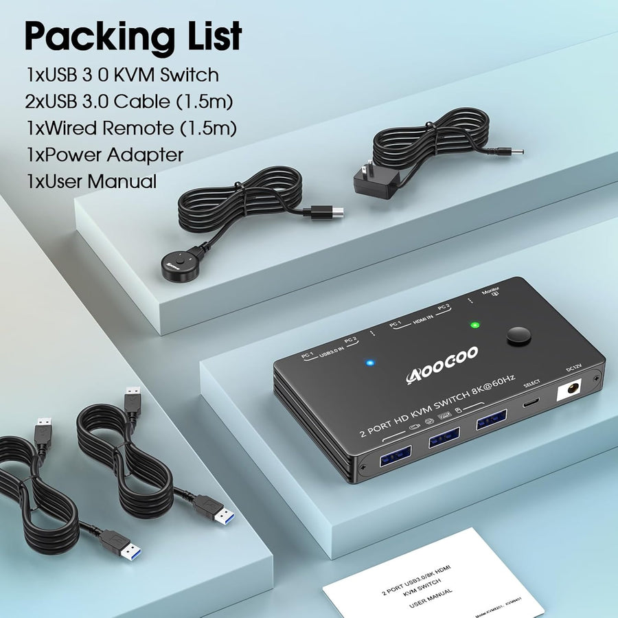 Commutateur KVM HDMI 2 PC 1 moniteur 8K à 60 Hz/4K à 120 Hz Commutateurs KVM télécommande filaire Câble USB 3.0 inclus