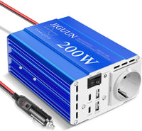 Convertisseur 200W 12V/24V 220V Pur Sinus Onduleur transformateur Puissance crête 400W avec 1 Prises EU 2 Port USB 2 Ports Type-C 30W