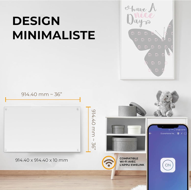 Chauffage Mural Intelligent Panneau Électrique à Convection Réflecteur Chaleur Efficacité Énergétique Faible Conso Peignable Thermostat App 1x92x60cm BLANC